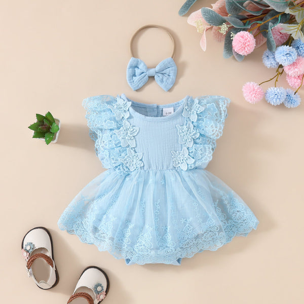 2024 Summer Baby Girl Sweet Sleeveless Lace Triangle Rompers Mesh Lace Flower Dress