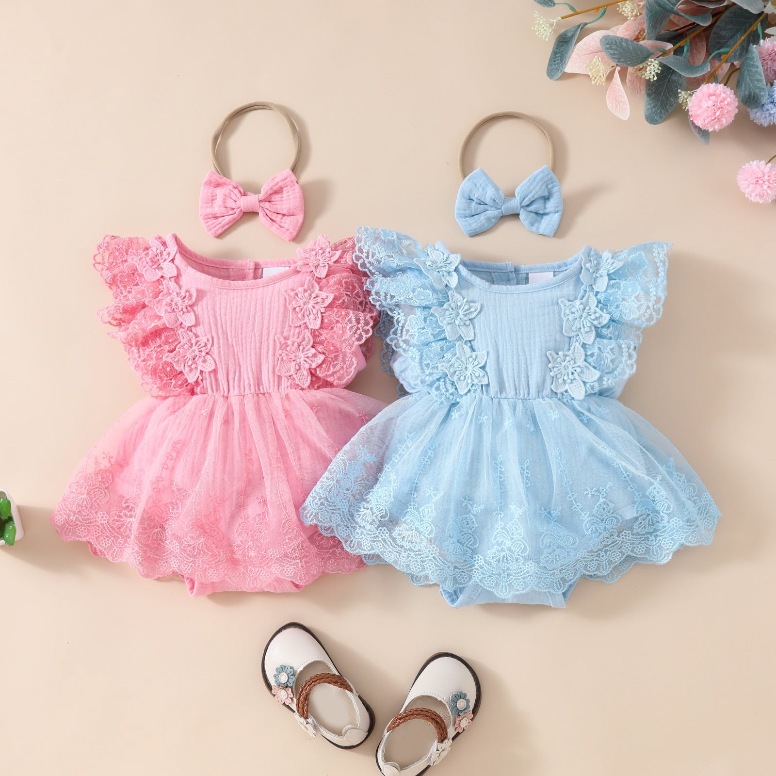 2024 Summer Baby Girl Sweet Sleeveless Lace Triangle Rompers Mesh Lace Flower Dress