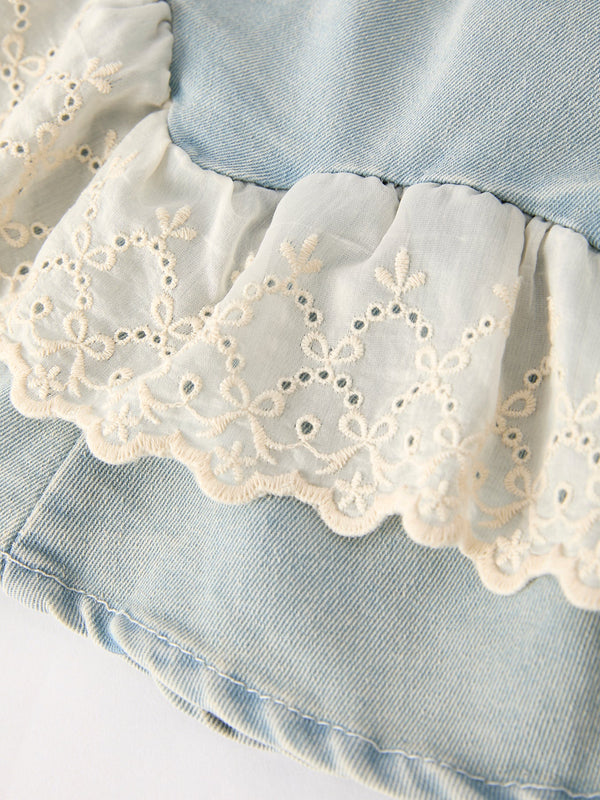 Summer Light Color Denim Lace Girls Set