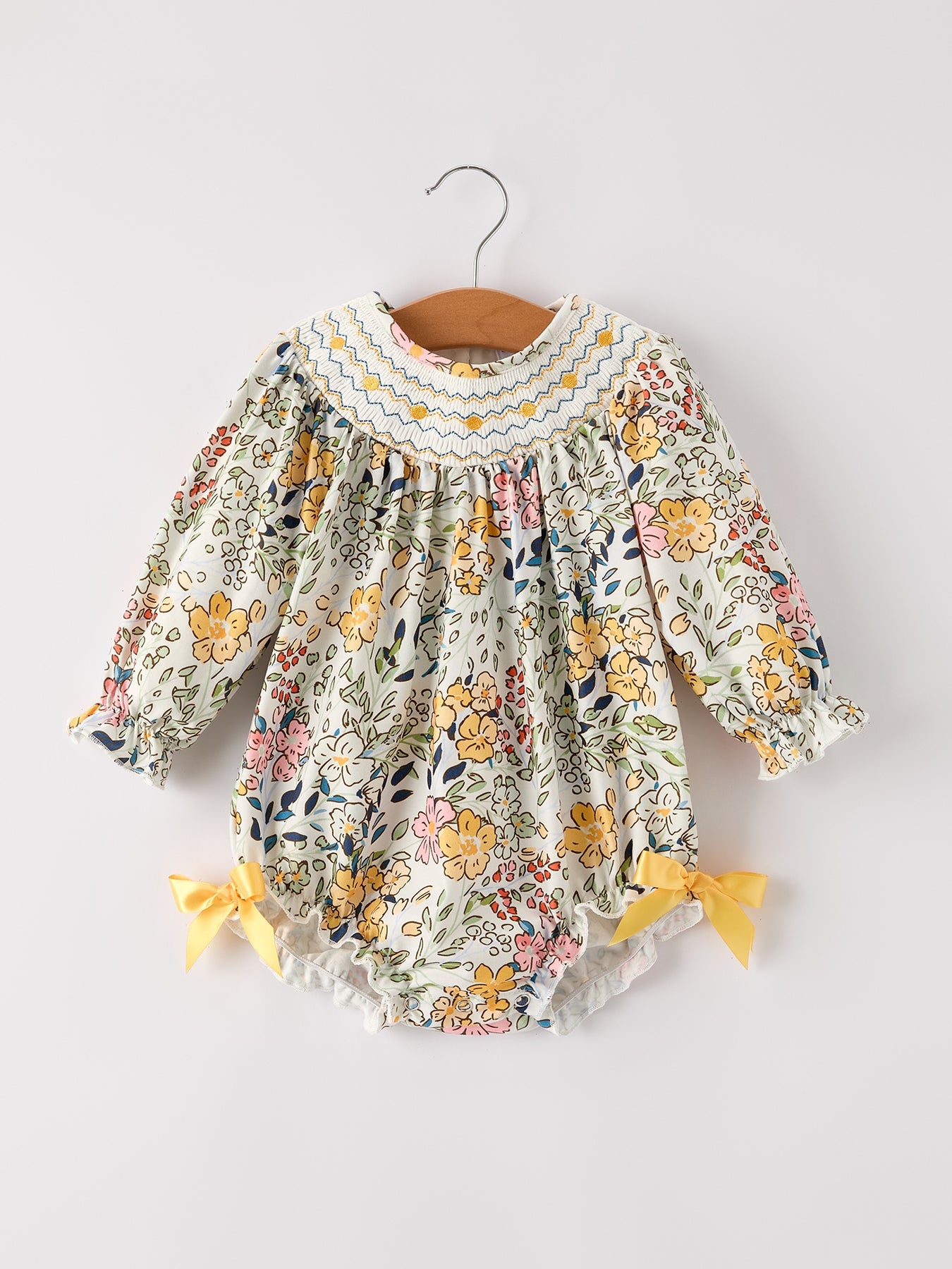 Fall  Embroidery Smocking Bow Floral Leaf Baby Girls Romper