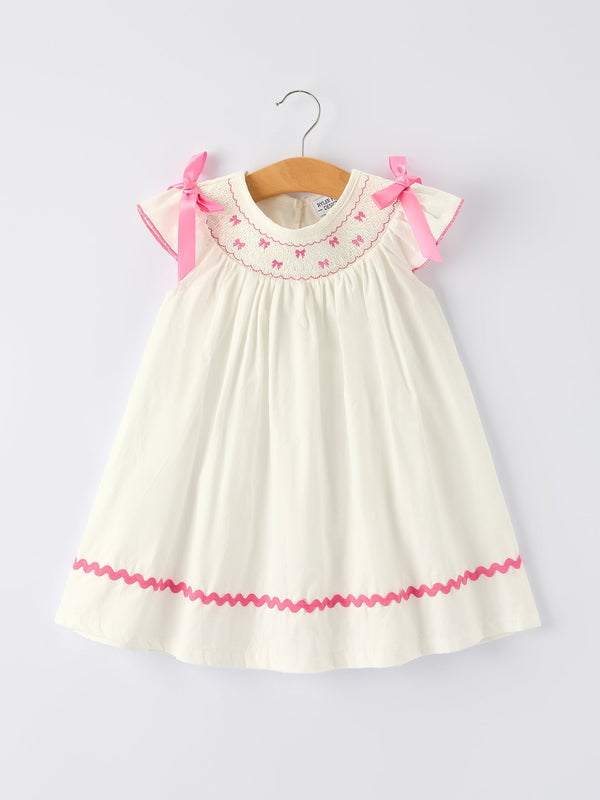 Fall White Girls Dress with Pink Bow Embroidery