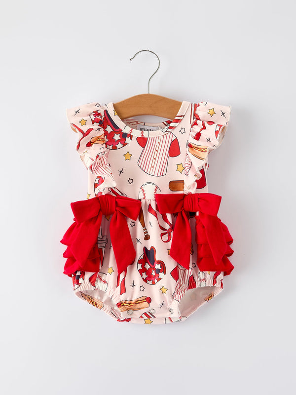 Baby Girl Romper with Red Bows Baseball Print