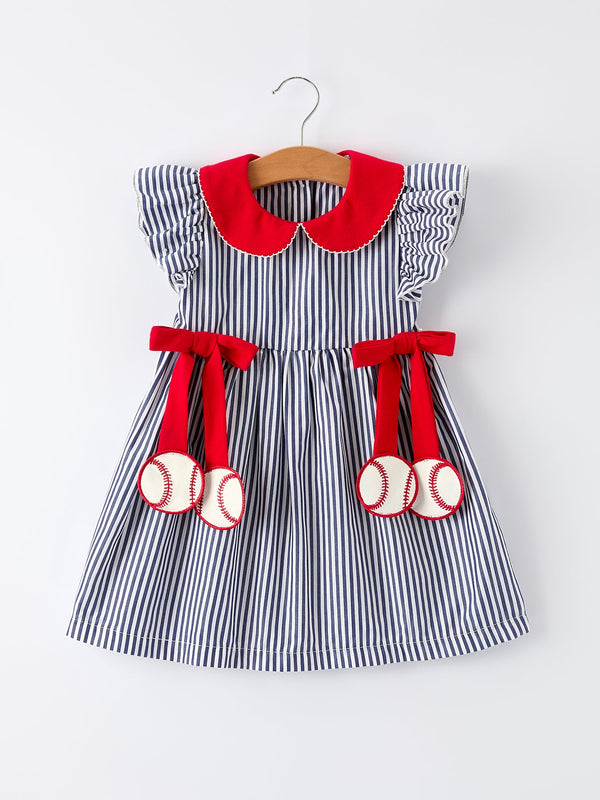 Girls Baseball Team Outfit – Striped Ruffle Sleeve Dress with Ball Design