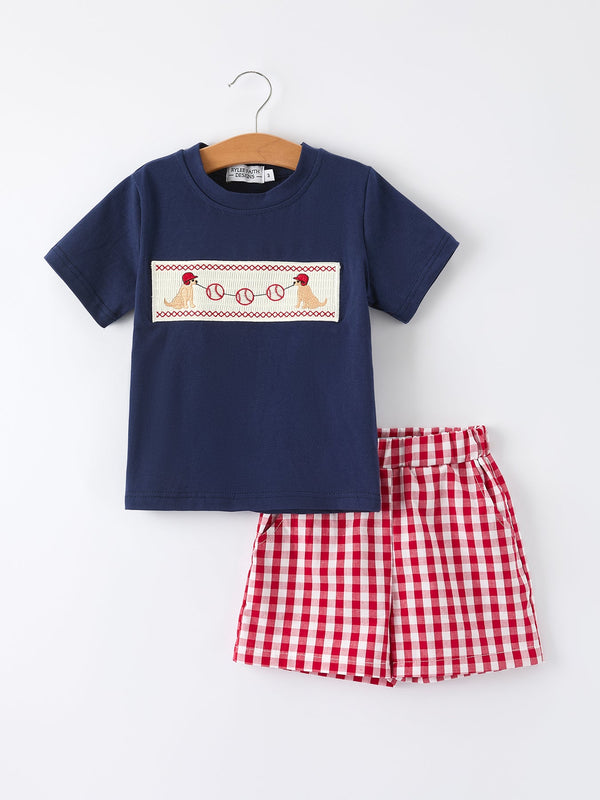 Toddler Boys Outfit – Baseball Dog Smocked Top and Plaid Shorts