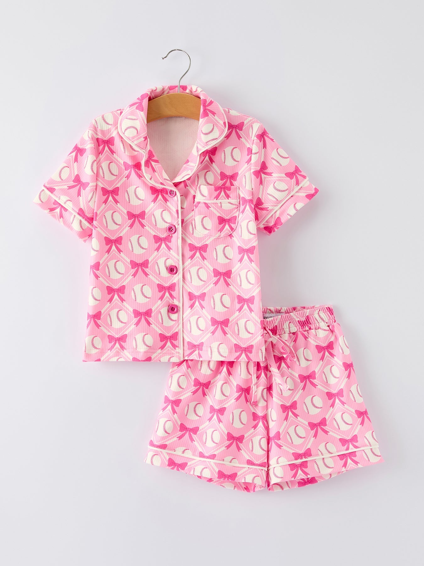 Girls Baseball Bow Print Pajama Set Short Sleeve Pink