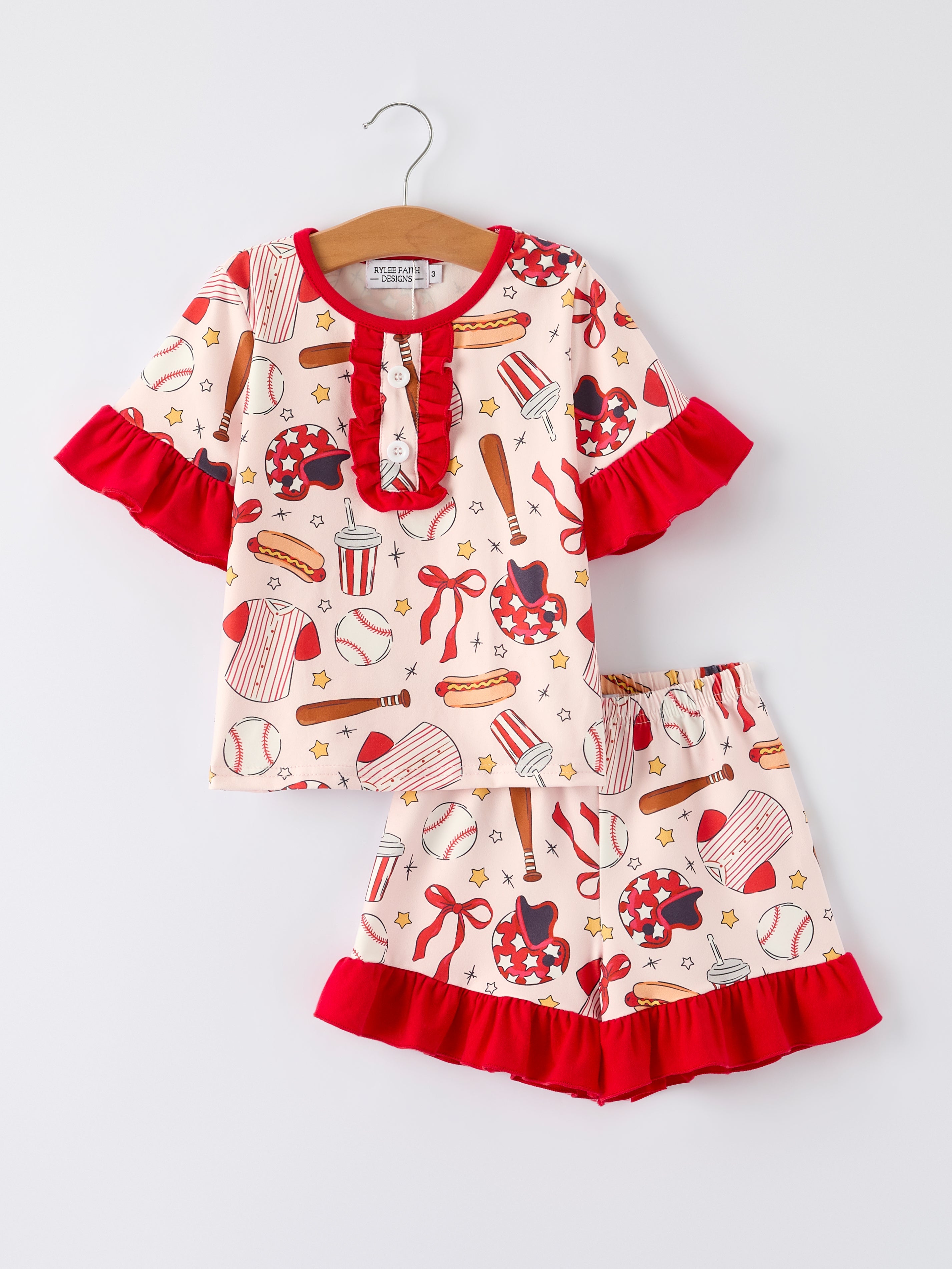 Girls Pajama Set with Red Bows Baseball Print