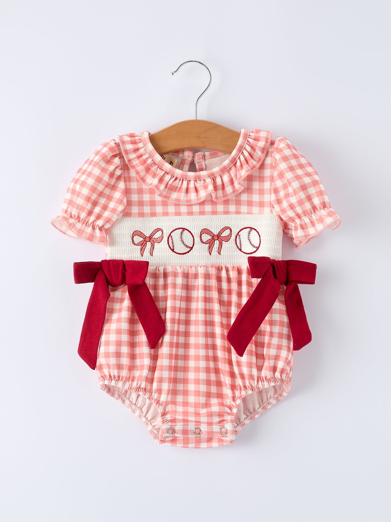 Girls Baseball Bow Smocking Embroidery Plaid Romper