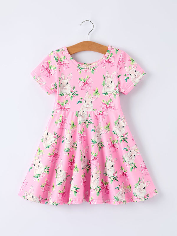 Easter Pink Bunny Floral Print Short Sleeve Dress