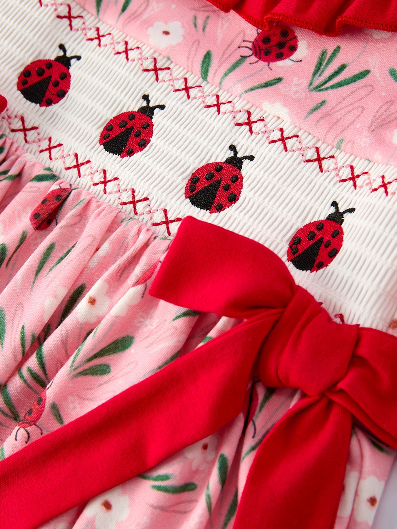 Spring Ladybug Smocked Embroidered Girls Dress