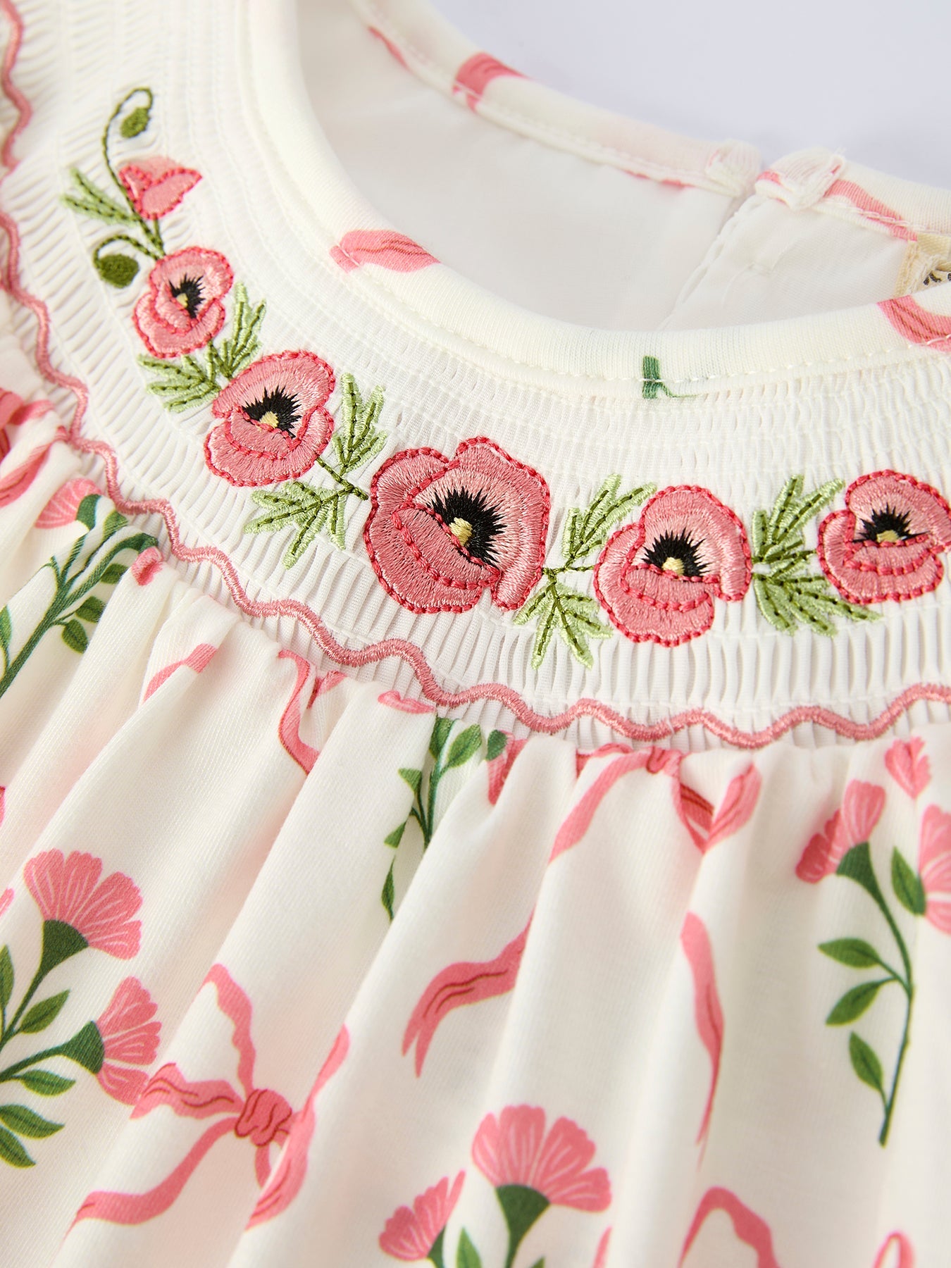 Spring Floral Smocking Embroidery Bow Girls Dress