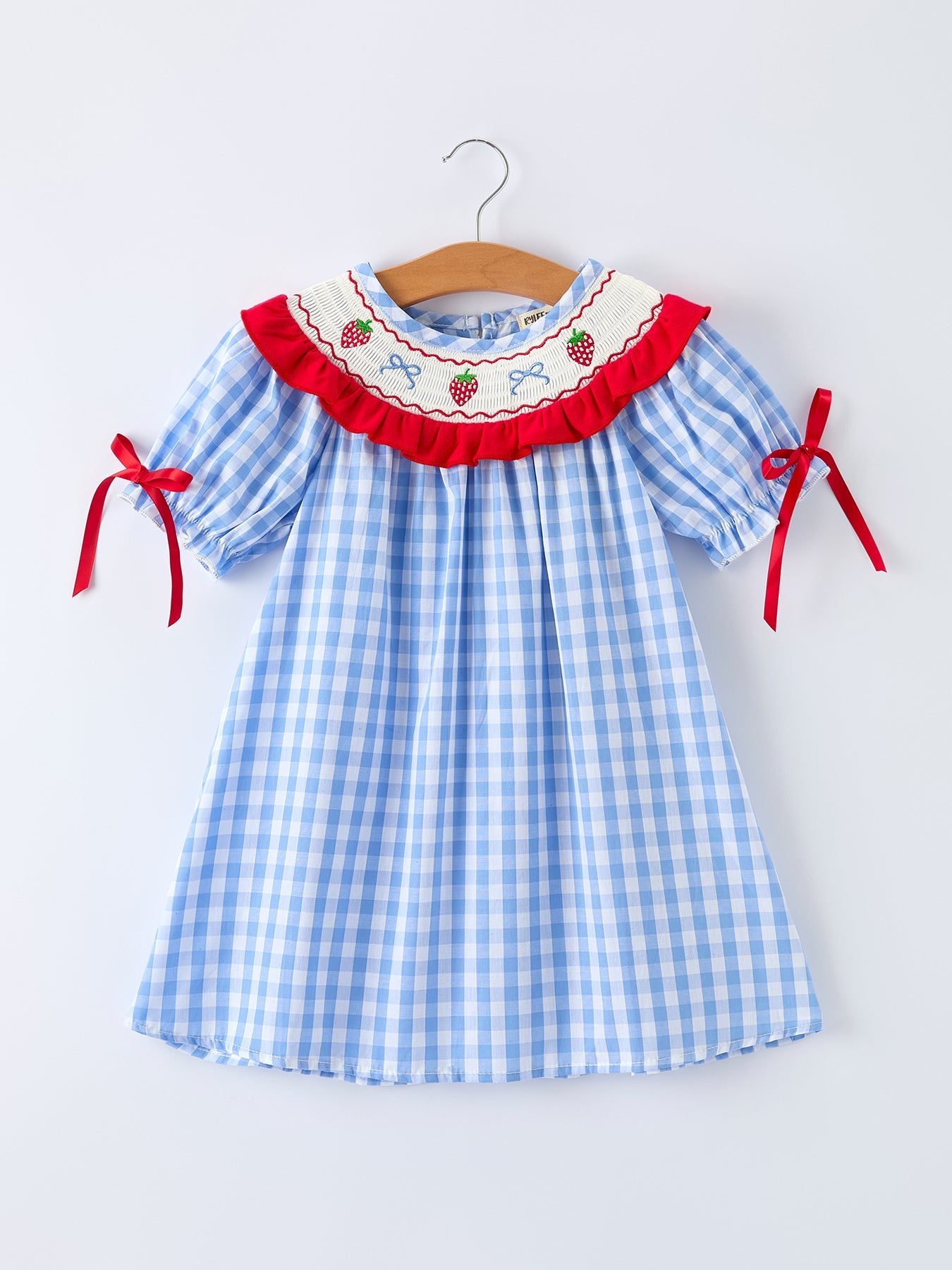 Girls Summer Strawberry Bow Embroidered Smocked Dress