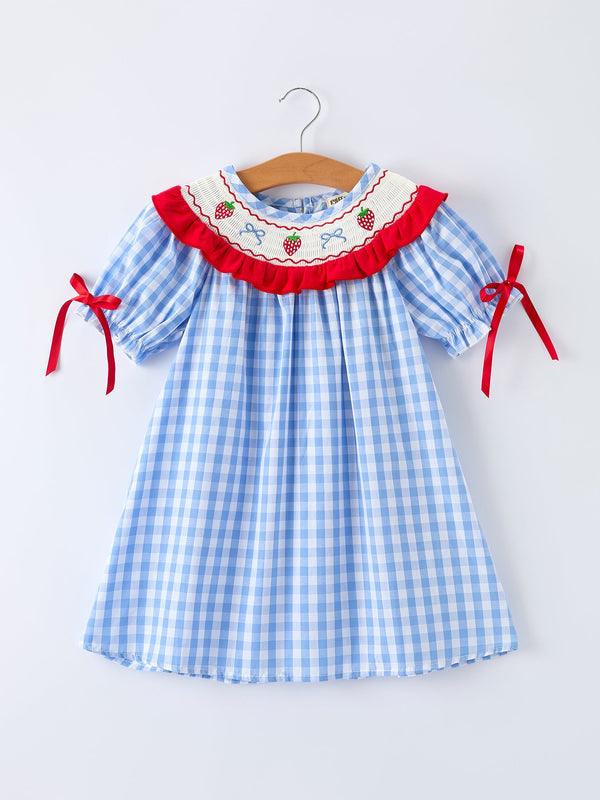 Girls Summer Strawberry Bow Embroidered Smocked Dress