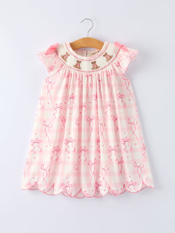 Spring Pink Bow Teddy Smocked Girl Dress