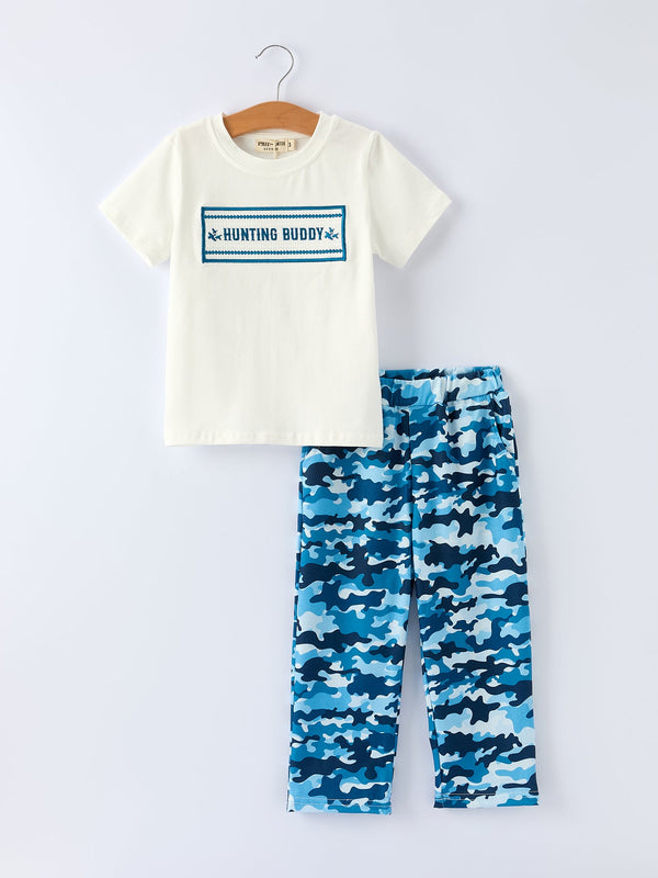 Camouflage "HUNTING BUDDY" Smocking Embroidery Boys Outfit