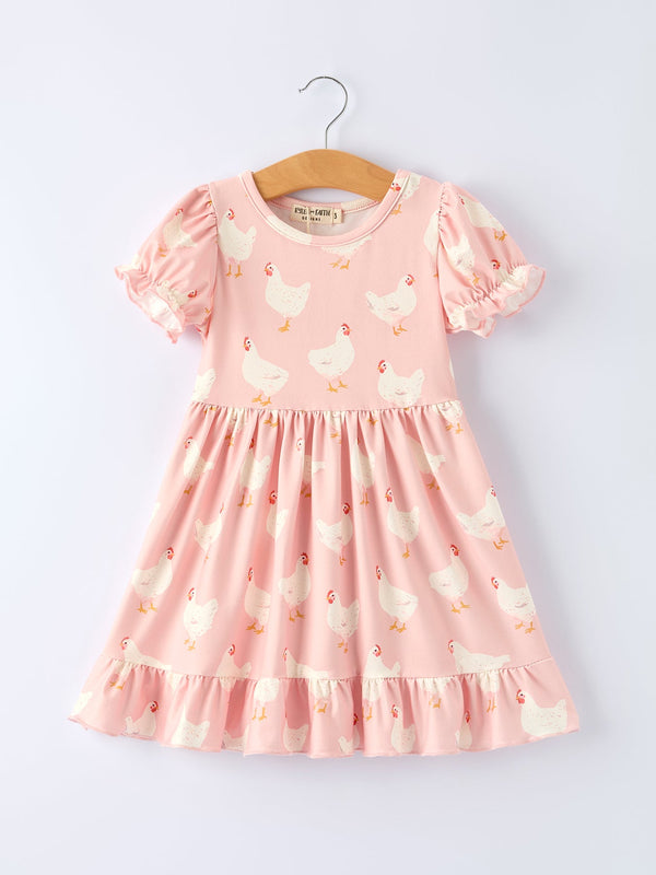Farm Spring Chicken Print Girls Ruffle Dress