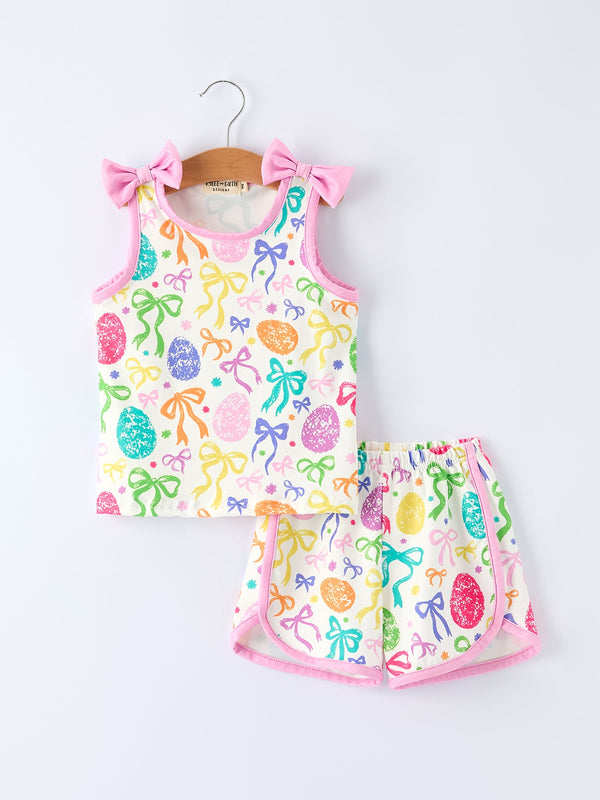 Rainbow Easter Egg Print Bow Sleeveless Vest Top and Shorts Set