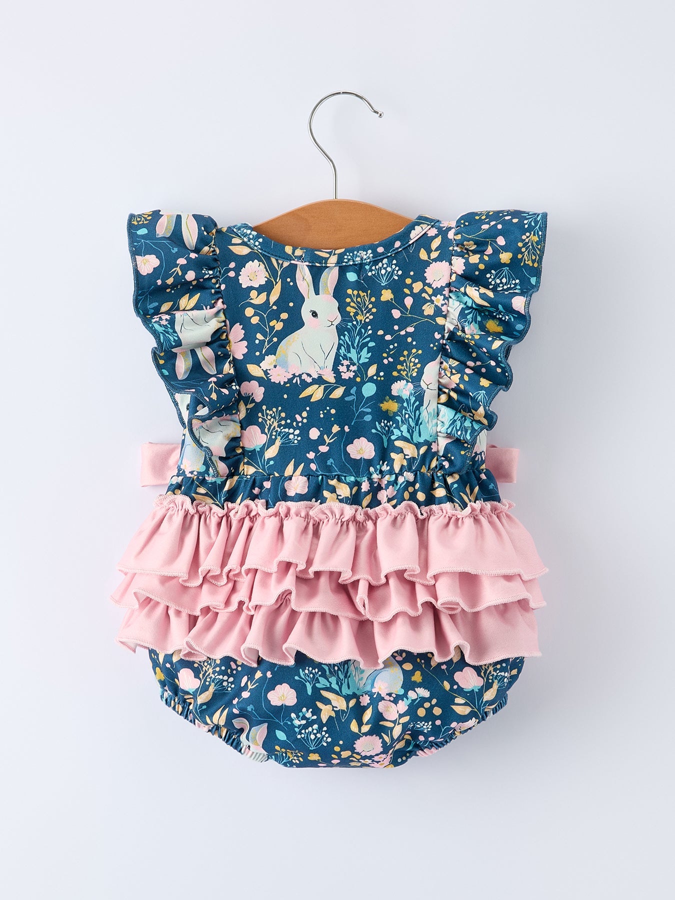 Teal Easter Bunny Garden Ruffle Sleeve Baby Girls Romper