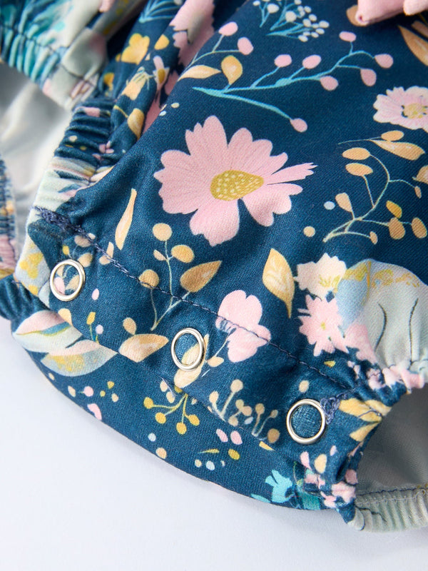 Teal Easter Bunny Garden Ruffle Sleeve Baby Girls Romper