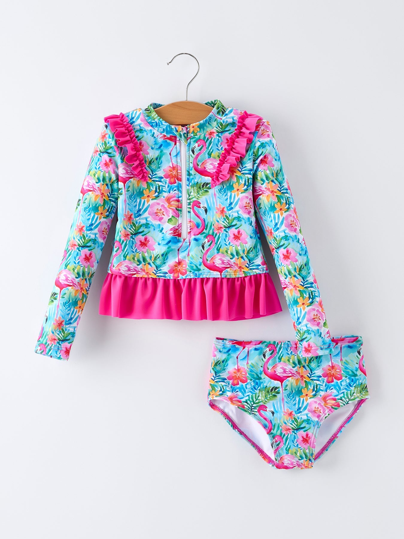 Summer Flamingo Long Sleeve Girl Swimwear Set