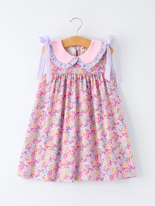 Summer Purple Floral Bow Ruffle Girls Dress