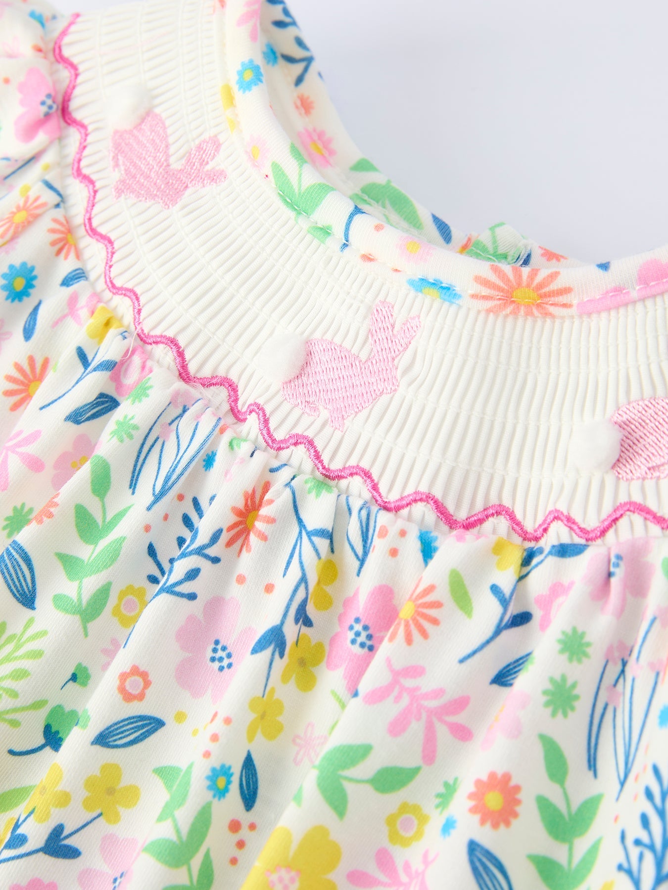 Easter Bunny Embroidered Pom-Pom Short-Sleeved  Girls Romper