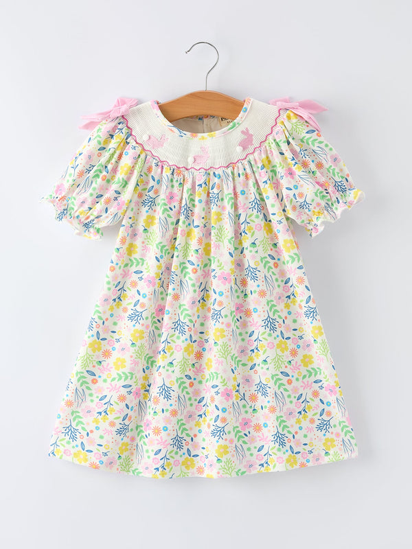 Easter Bunny Embroidered Pom-Pom Short-Sleeved  Girls Dress