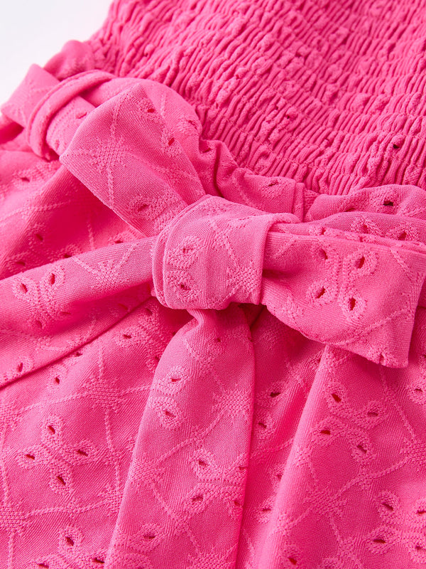 Spring Hot Pink Short-sleeved Girls Jumpsuit