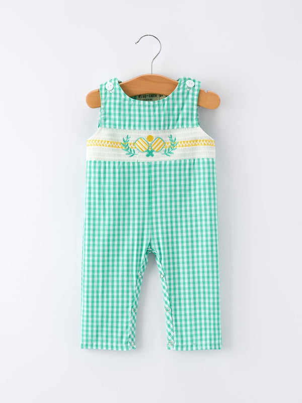 Pickle Ball Embroidered Smocked Green Baby Boys Romper