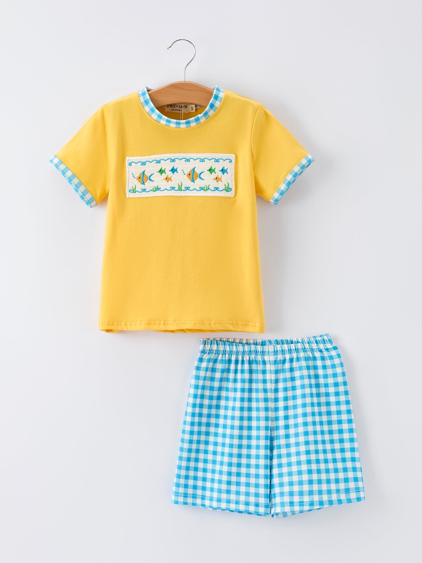 Fish Embroidery Smocking Plaid Boys'Set