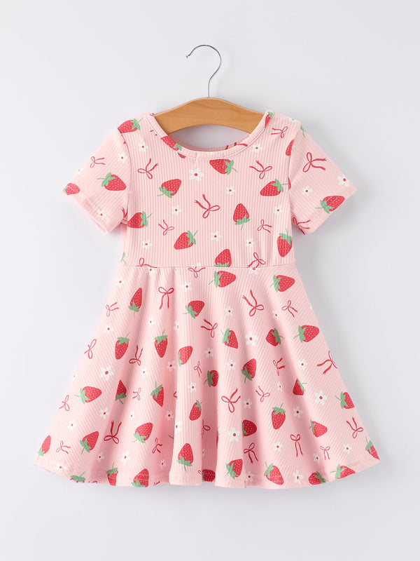 Strawberry Bow Girls Short Sleeves Dress