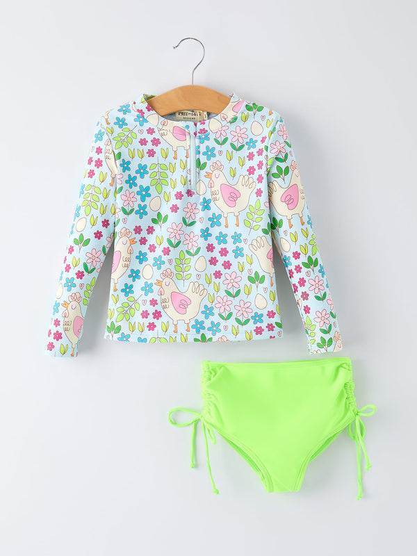 Summer Chicken Print Girls Long Sleeve Swim Set