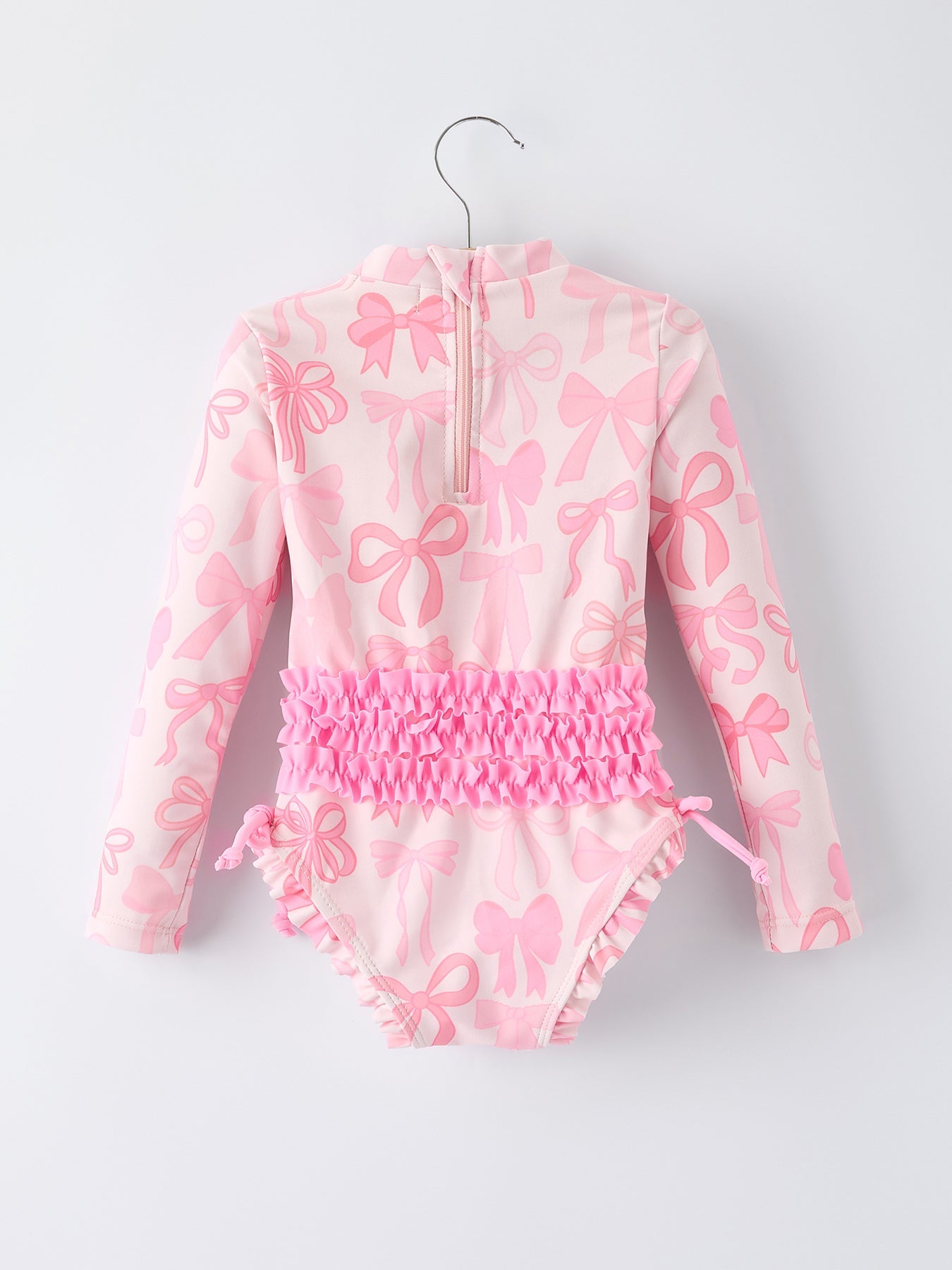 Summer Bow Print Girls Long Sleeve Ruffle One Piece Swimsuit
