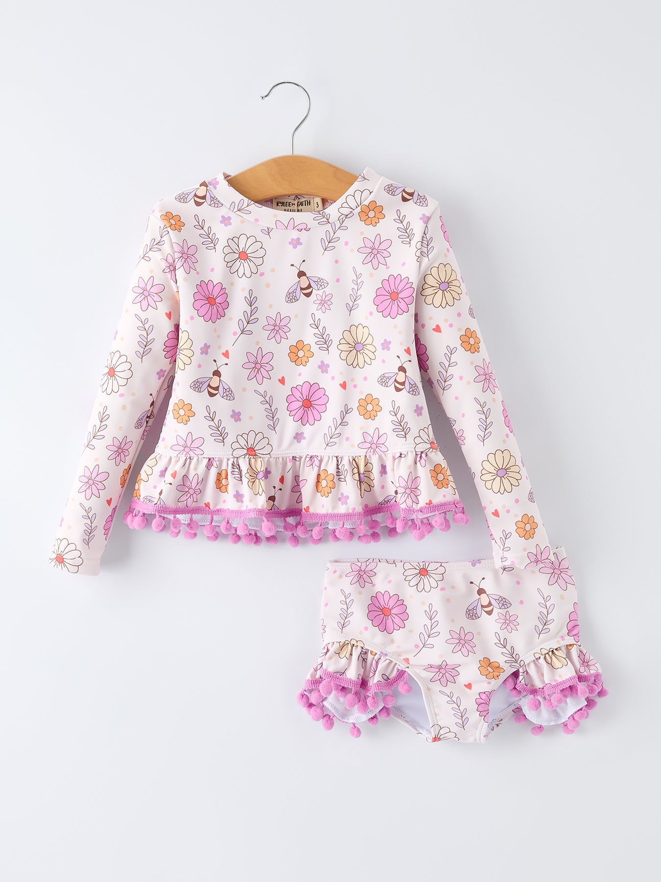 Girls Floral Bee Long Sleeve Ruffle Swimsuit Set