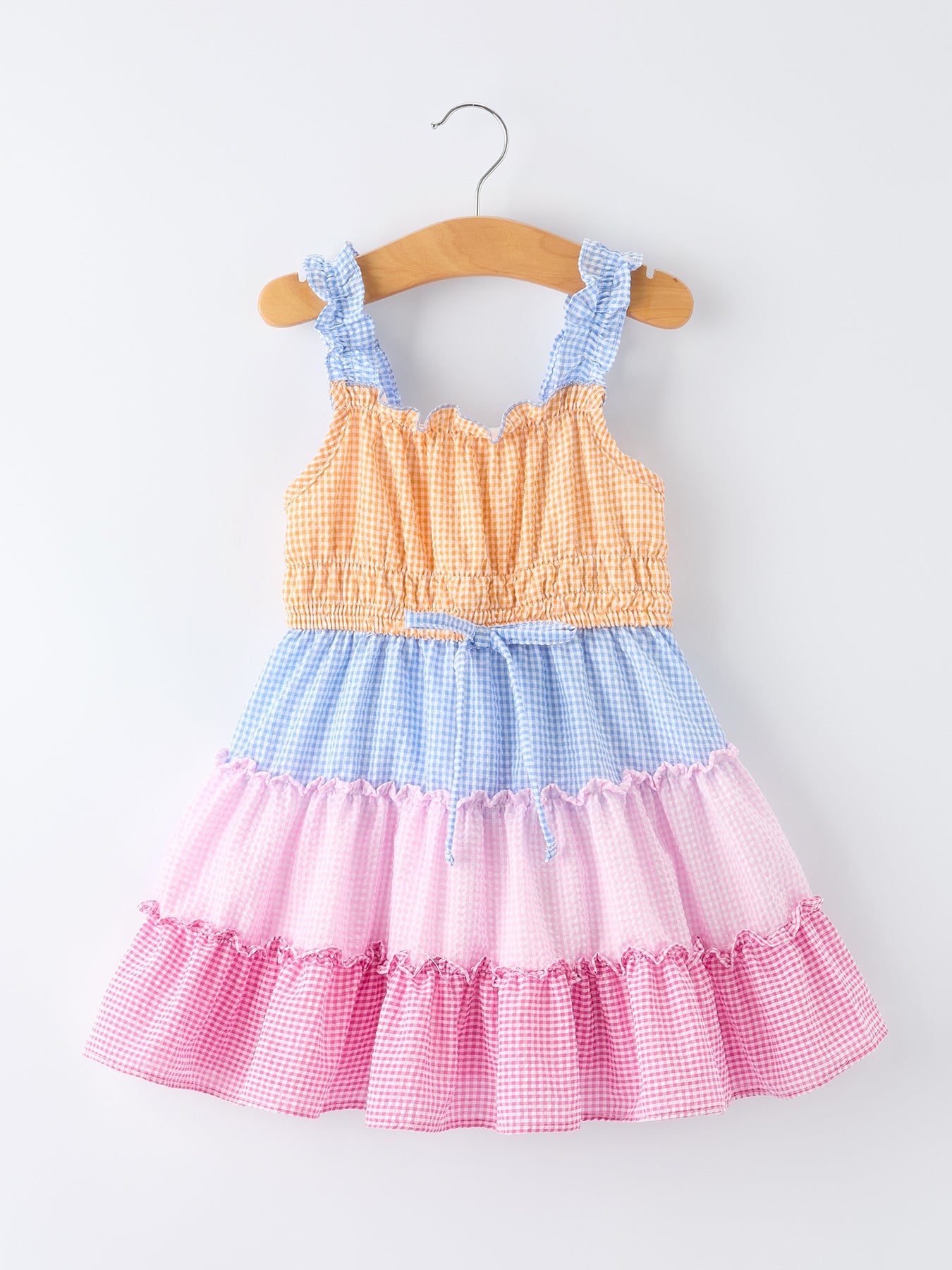 Colorblock Gingham Girls Ruffle Dress