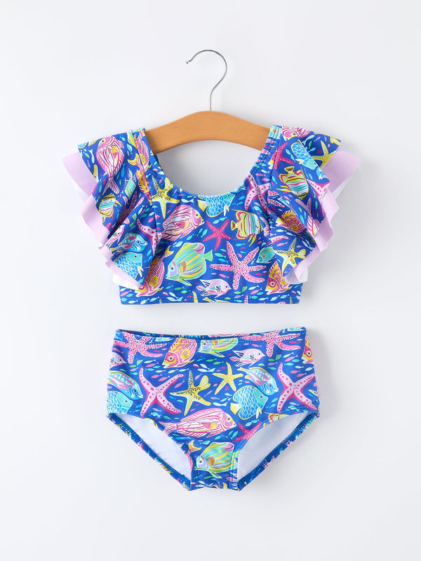 Ocean Fish Print Girls Two Piece Swimsuit