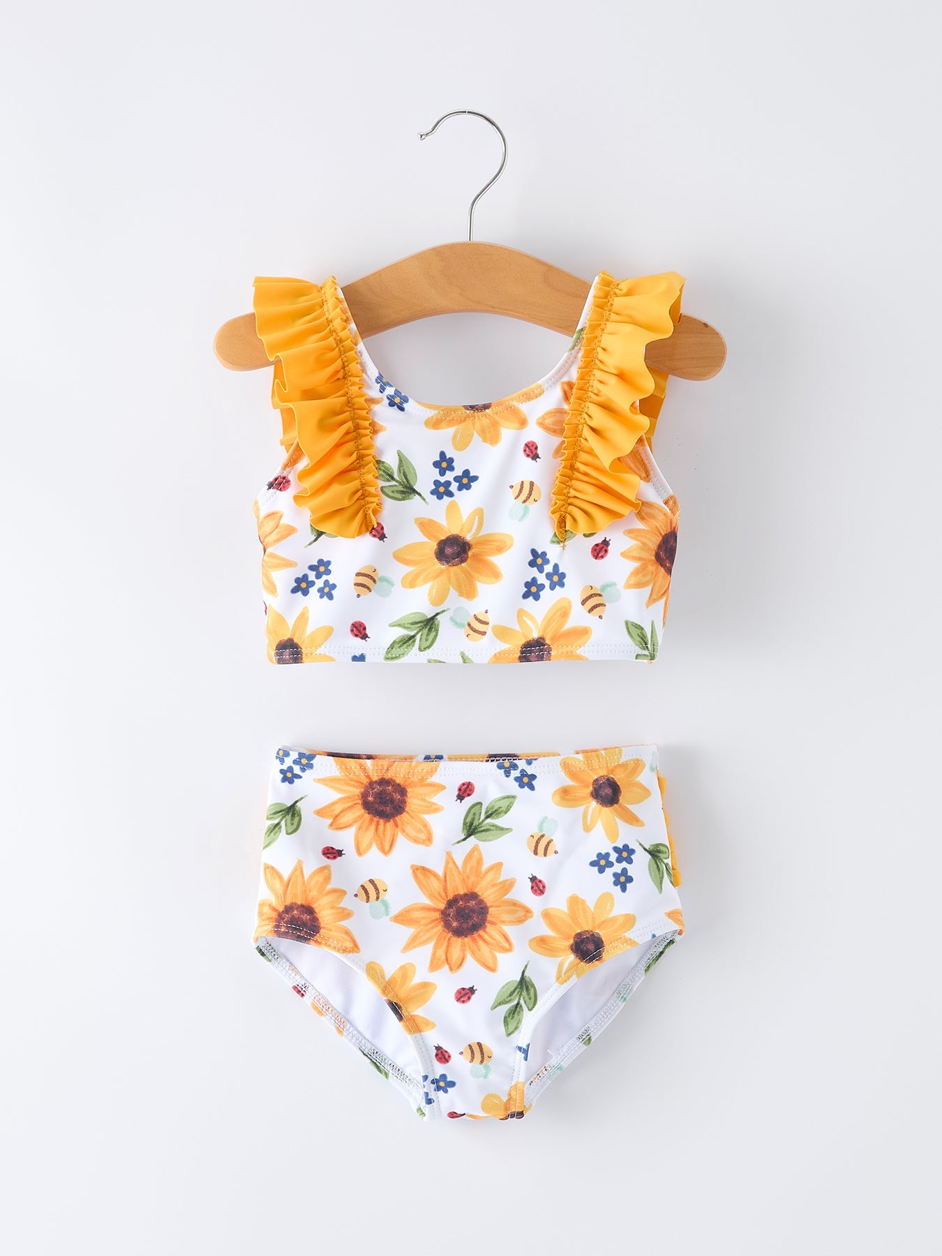 Sunflower Print Ruffle Strap Girl Two Piece Swimsuit