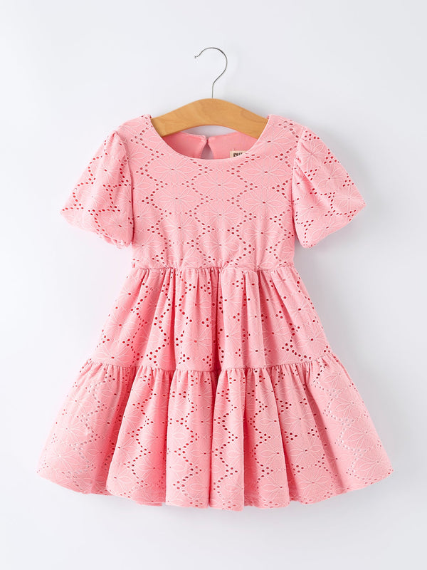 Pink Eyelet Embroidered Girl Short Sleeve Dress