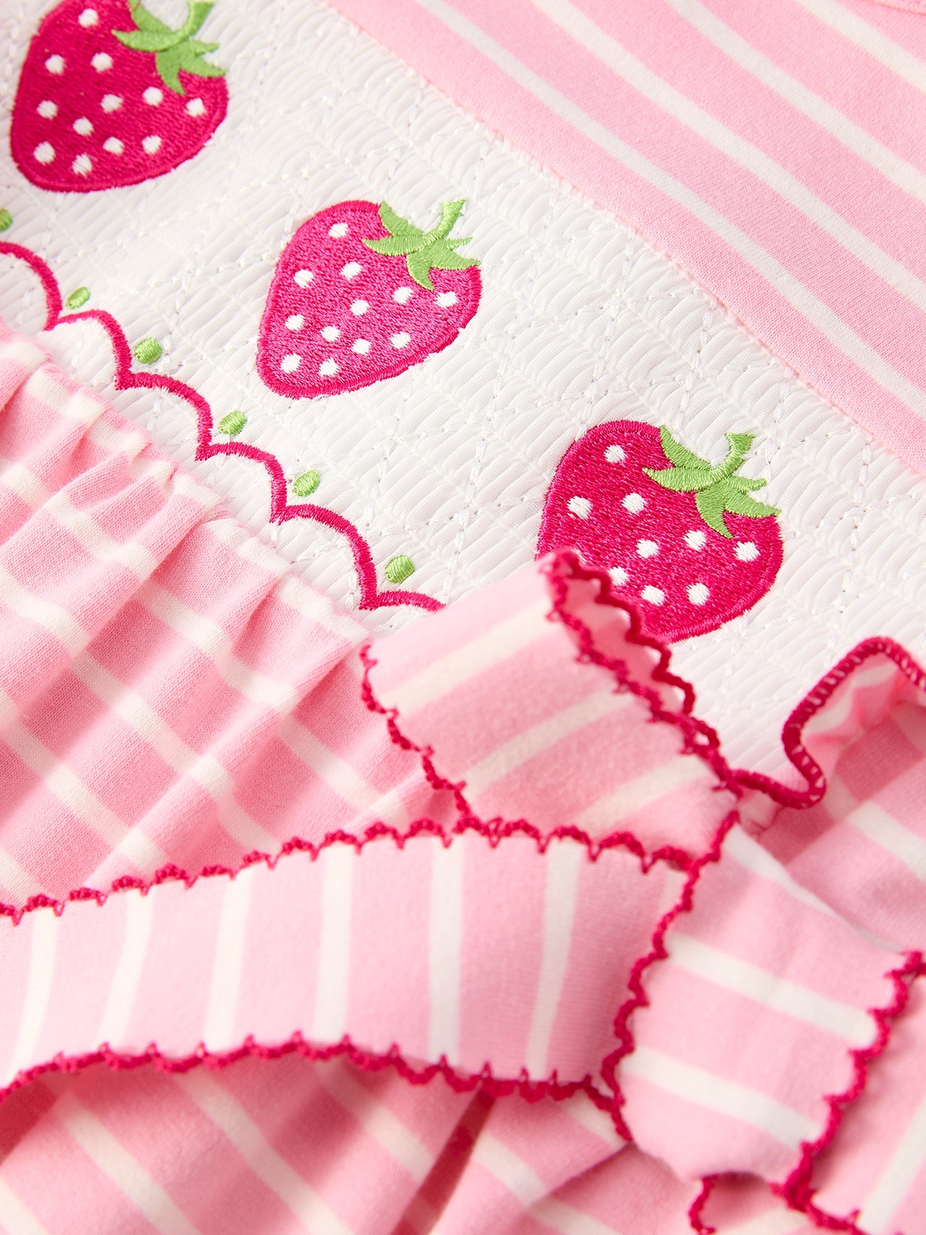Strawberry Embroidery Pink Stripe Girl Smocked Dress