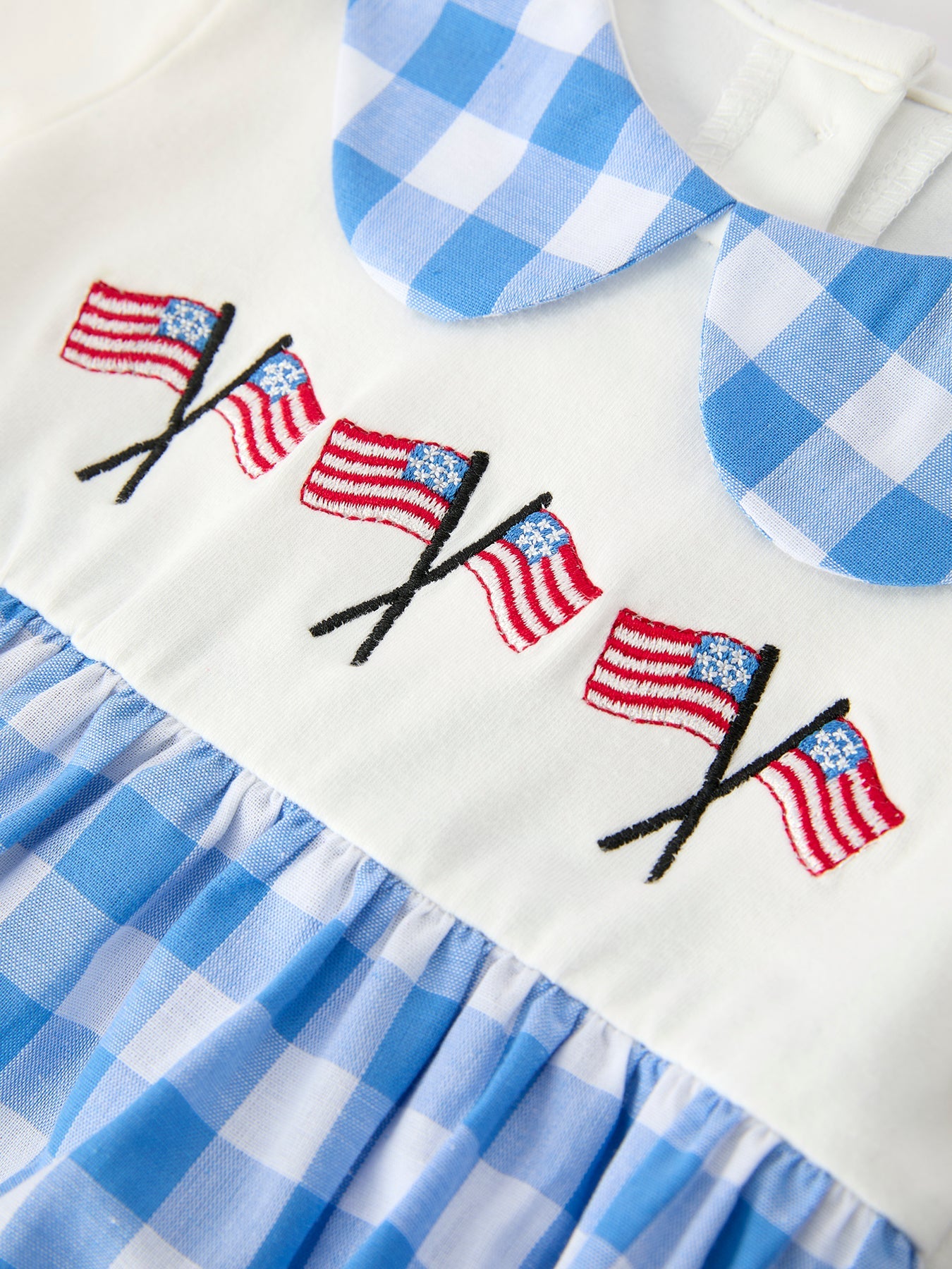 Boys 4th of July Plaid Romper Embroidery Petals Collar