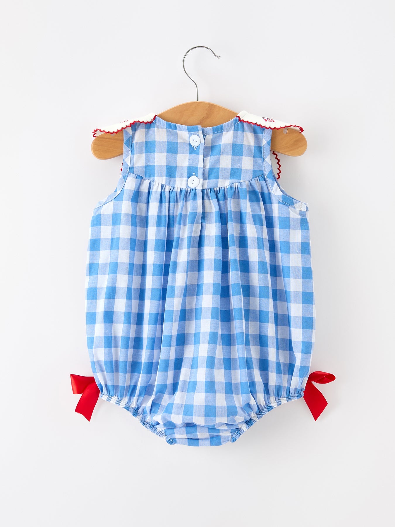 Girls 4th of July Plaid Romper Bow Embroidery Petals Collar