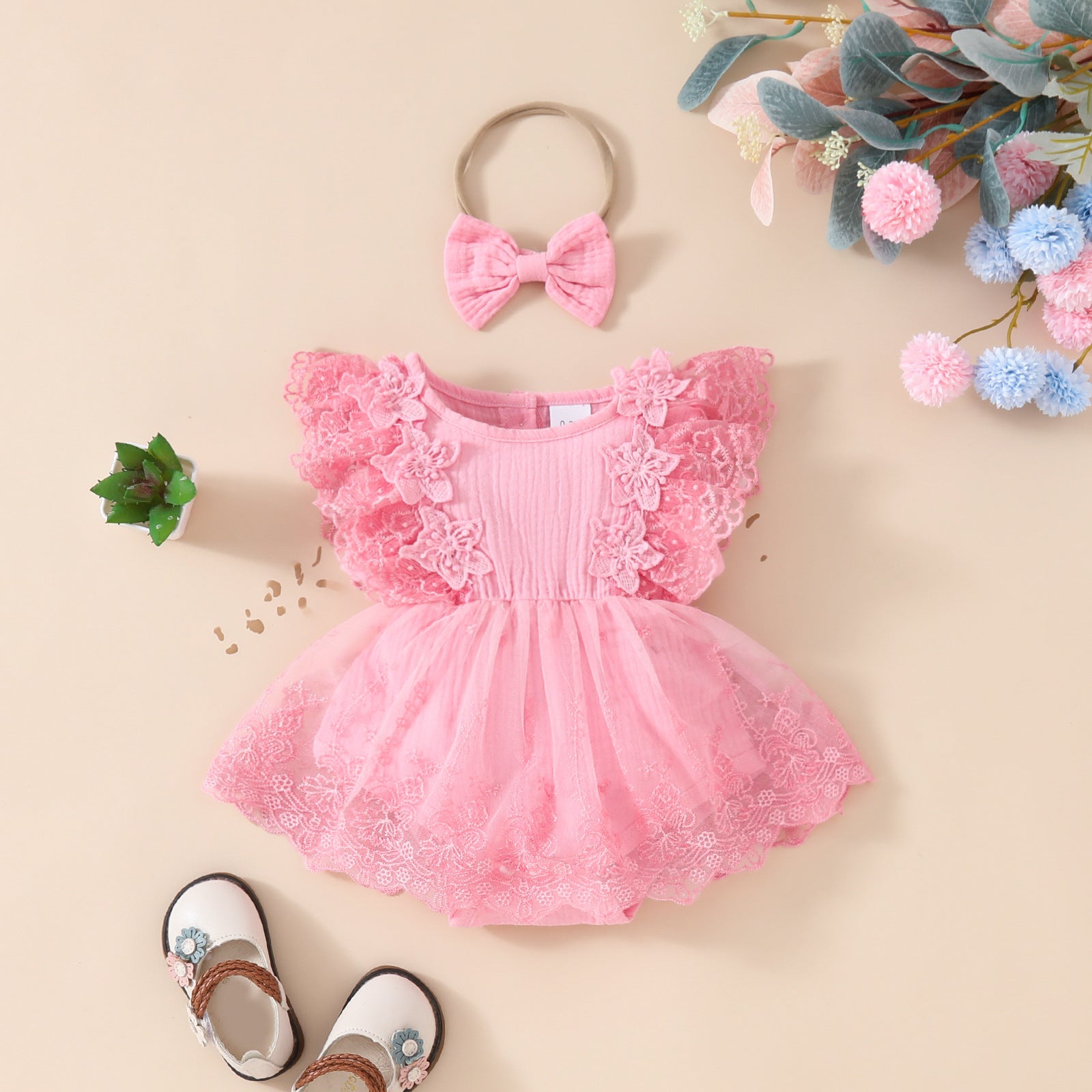2024 Summer Baby Girl Sweet Sleeveless Lace Triangle Rompers Mesh Lace Flower Dress