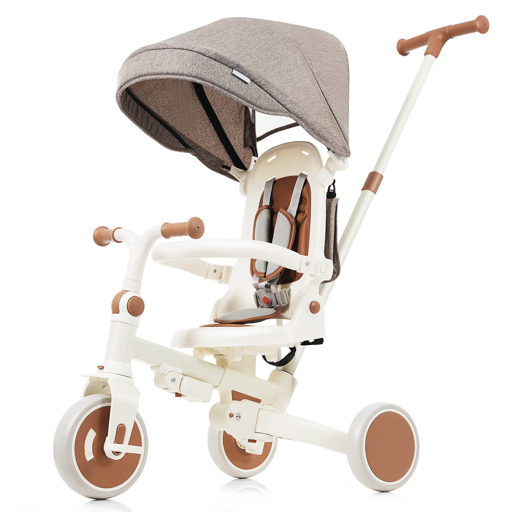 7 in 1 Baby Tricycle, Foldable Toddler Tricycle with Removable and Adjustable Parent Handle, Toddler Push Bike with Removable Pedal, Canopy, and Guardrail, Tricycle for 12-72 Months, ivory and brown