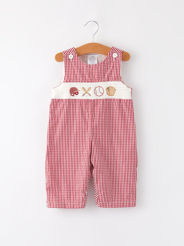 Baseball Baby Boys Smocking Embroidered Plaid Romper