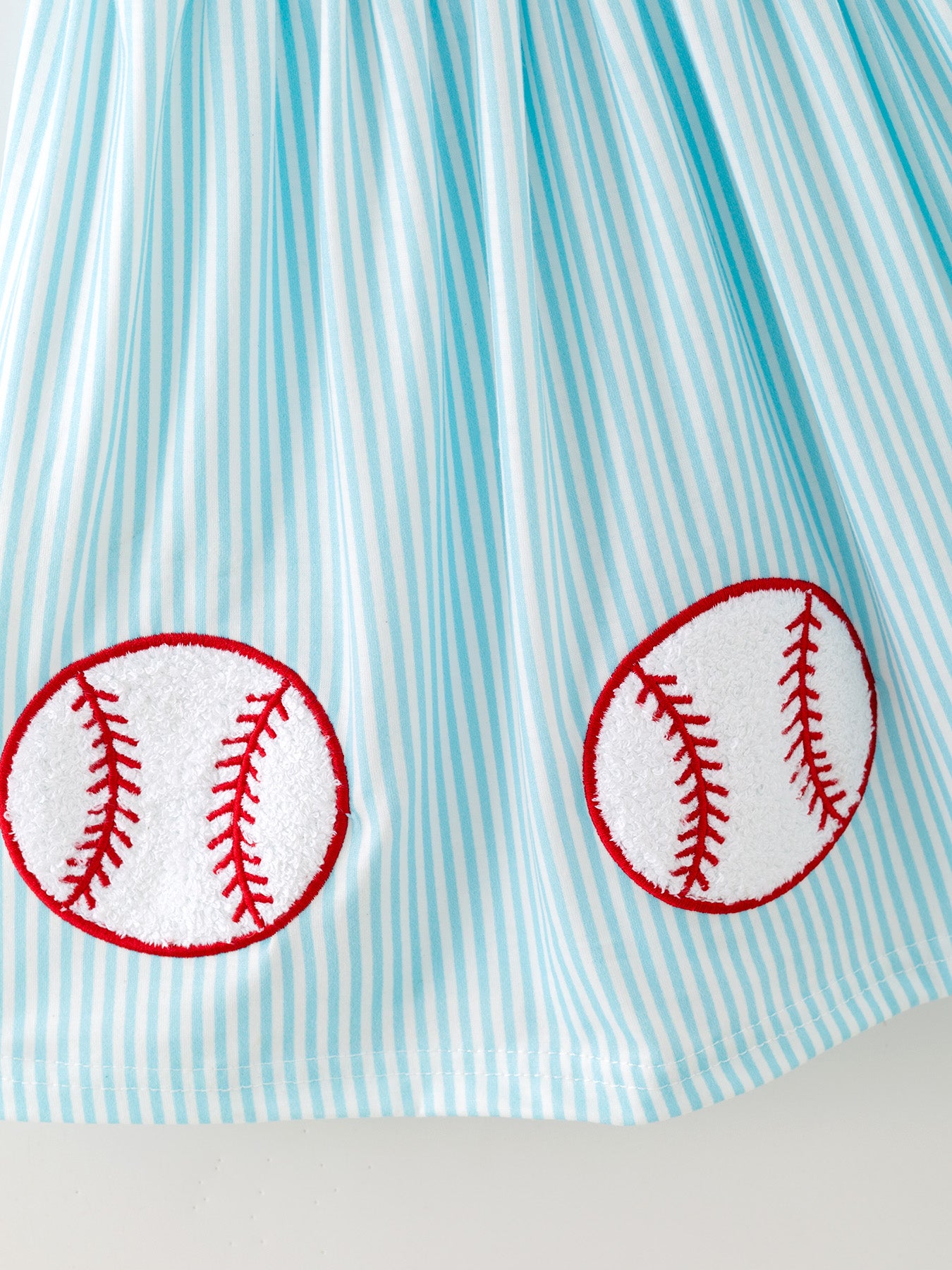 Girls Blue Striped Baseball Applique Smocked Dress Flutter Sleeves