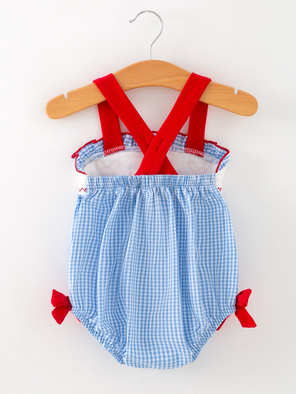 Baby Girls Baseball Smocked Romper – Blue Plaid Summer Outfit