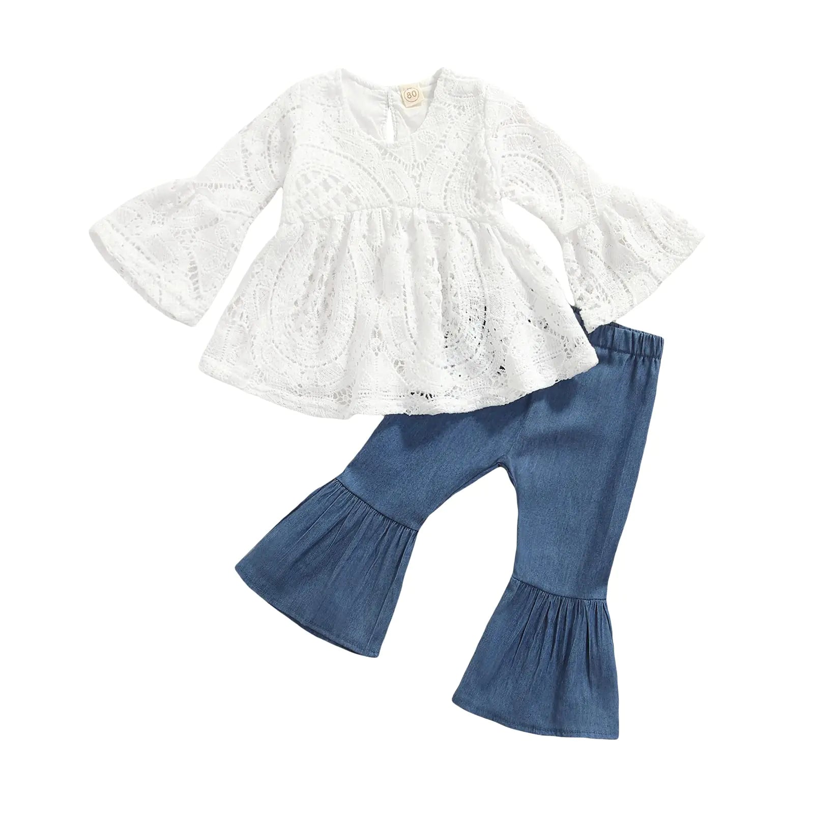 NANYKNIGHTY Toddler Baby Girl Outfit Infant Girl Solid Clothes Lace Top Flare Pant Bell-bottoms 2Pcs (White Top 18-24 Months) - # BAAA51210032
