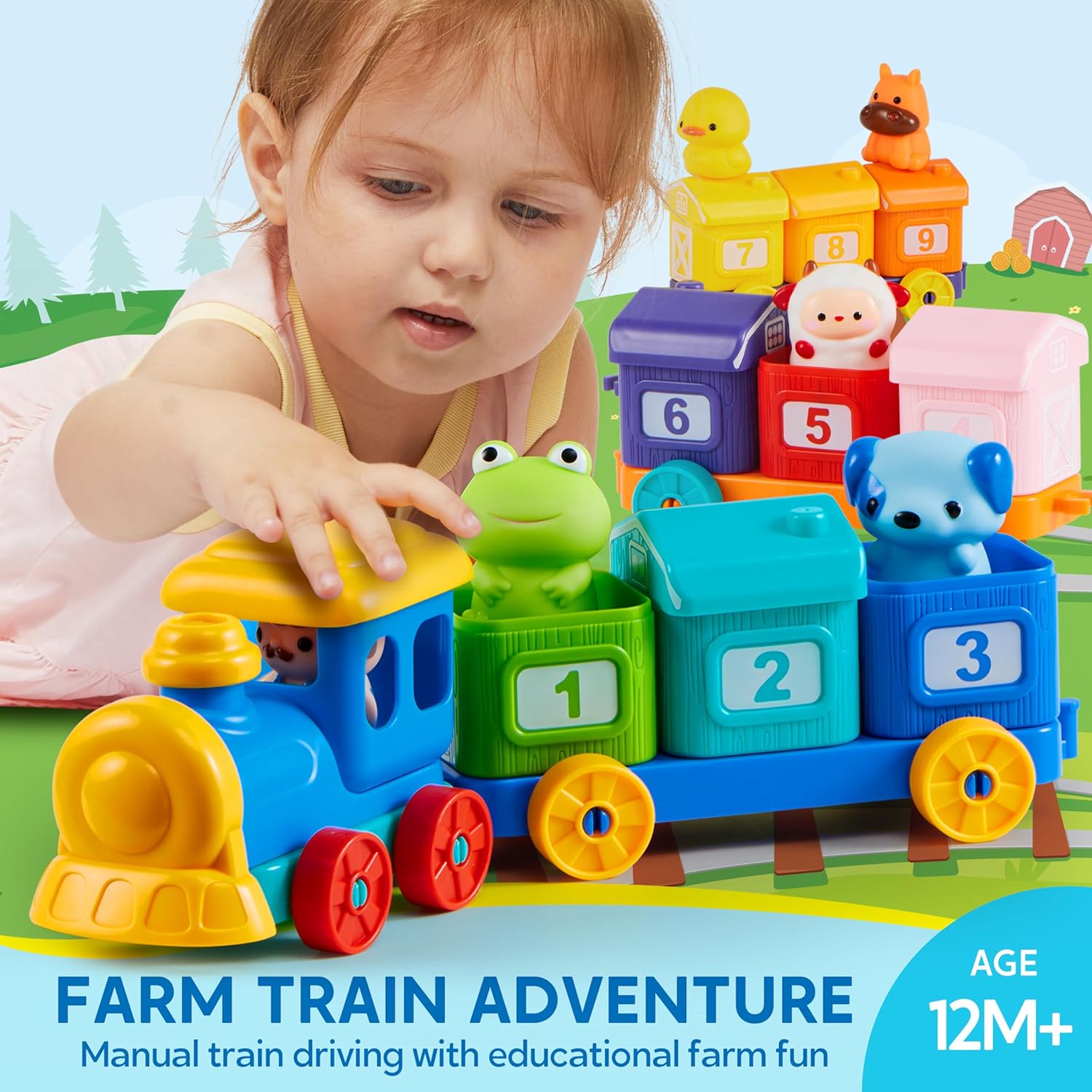 Learning Toy for Toddlers 1 2 3 Years Old, Counting, Matching & Sorting Montessori Learning Farm Train Including 9 Farm Animals and 1 Farmer, Easter Christmas Birthday Gift for Baby Boys Girls