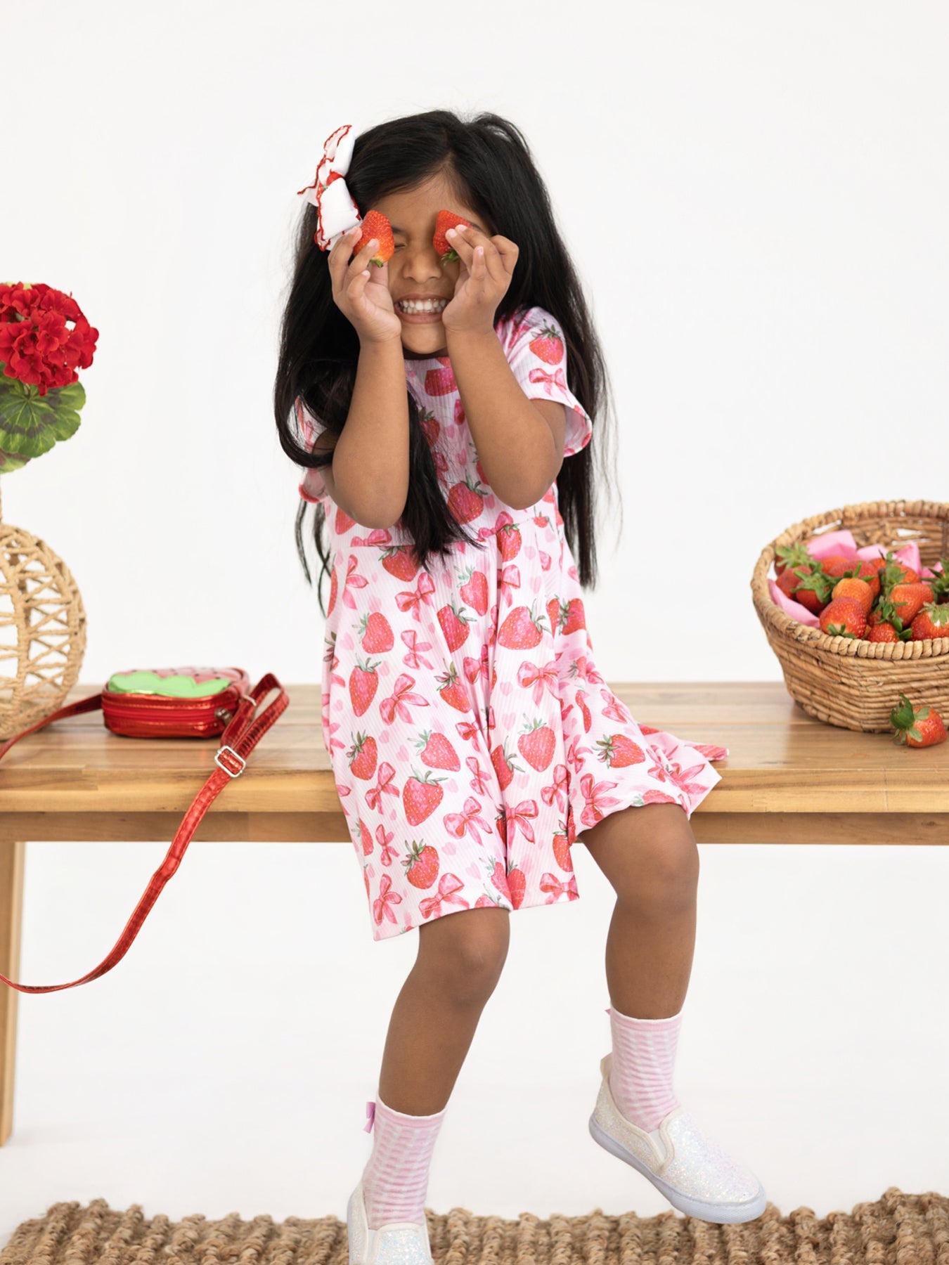 Summer Strawberry Bow Girls Short Sleeve Dress