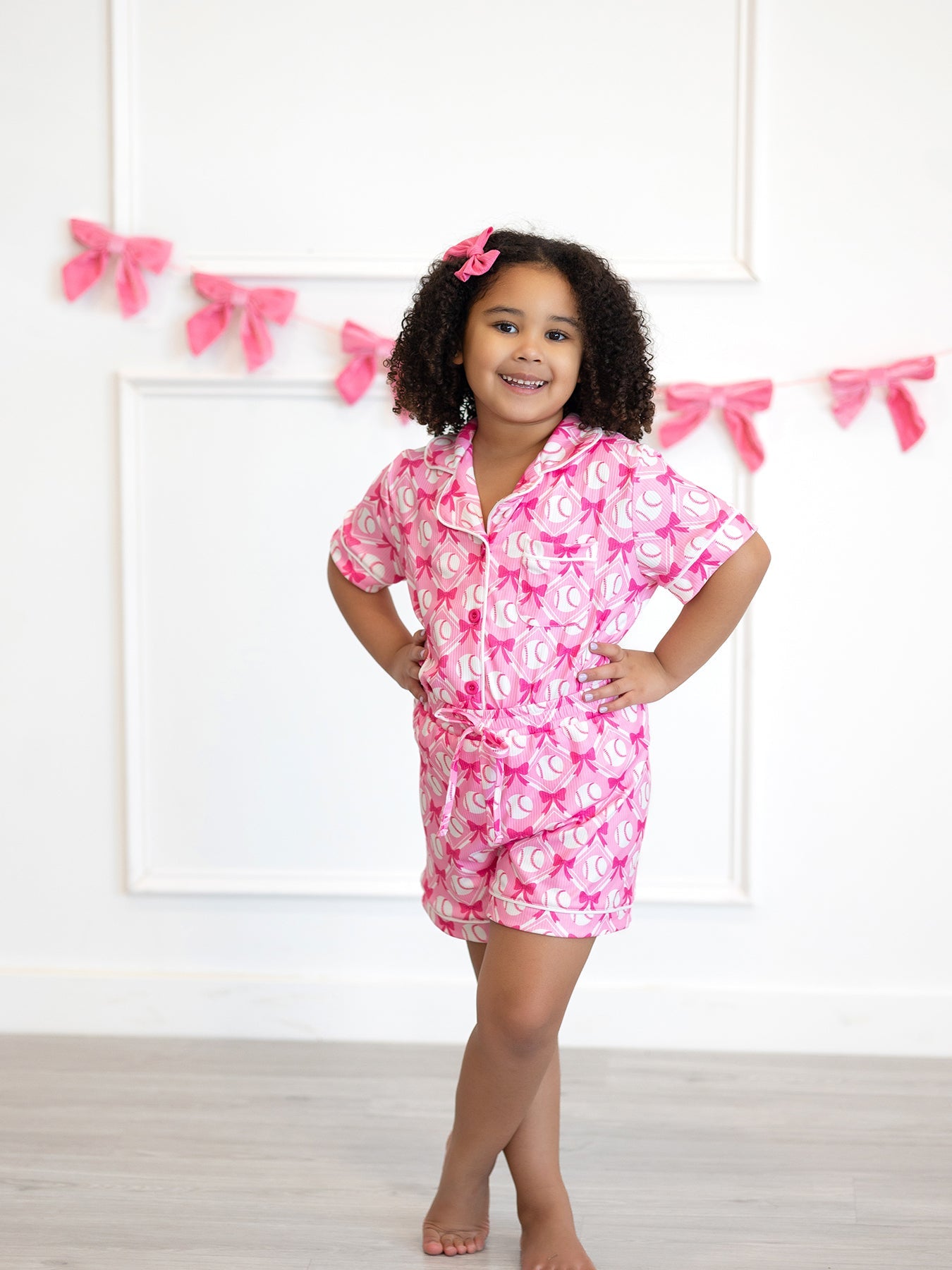 Girls Baseball Bow Print Pajama Set Short Sleeve Pink