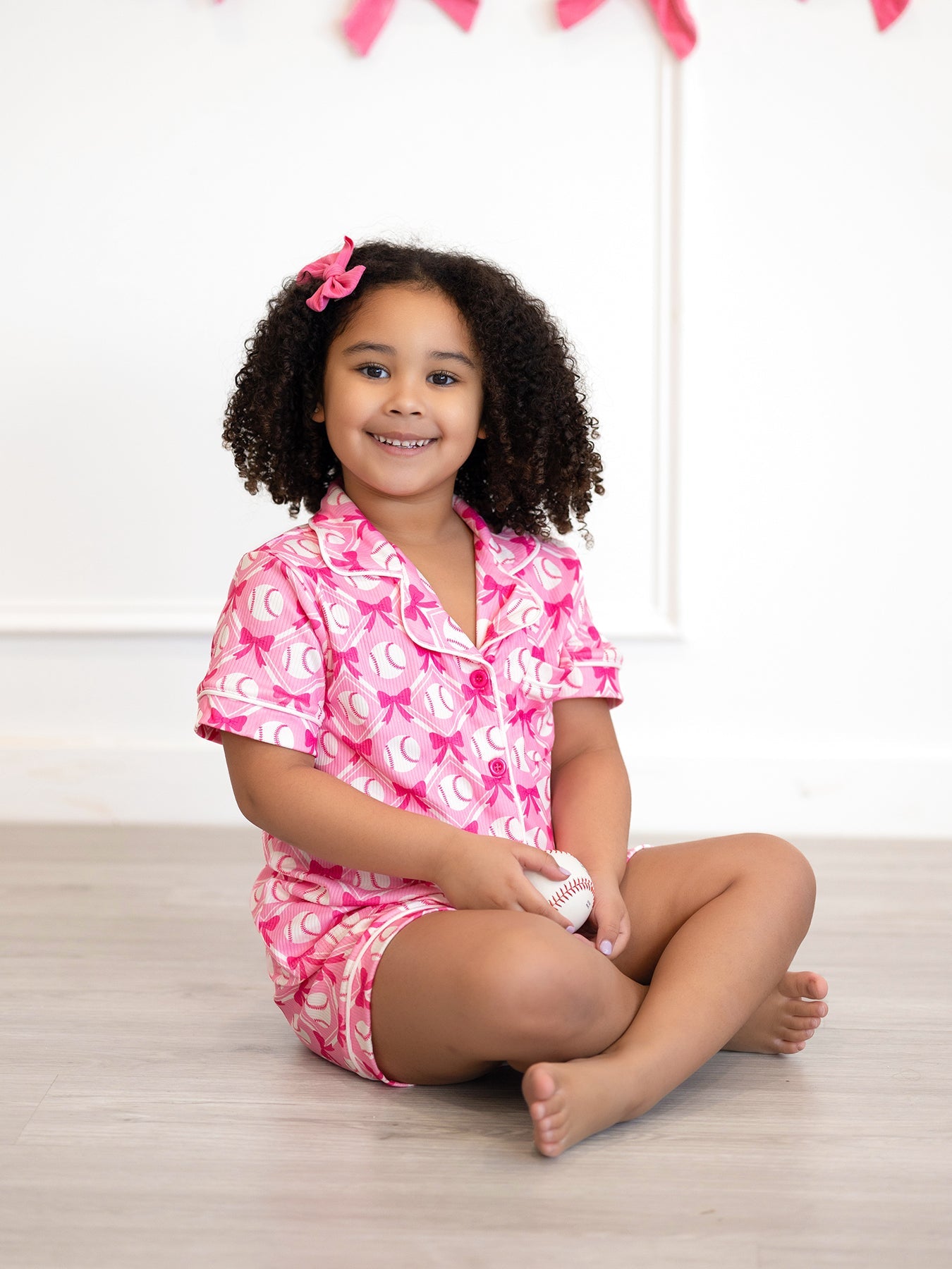 Girls Baseball Bow Print Pajama Set Short Sleeve Pink